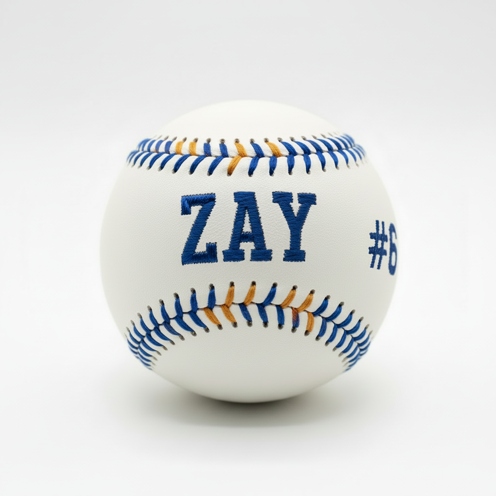 Custom embroidered baseball with ZAY and #6 in blue thread, blue and yellow stitching