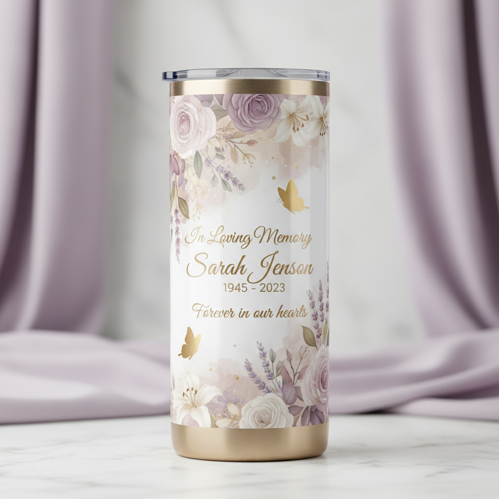 Custom memorial themed skinny tumbler with soft florals and butterflies