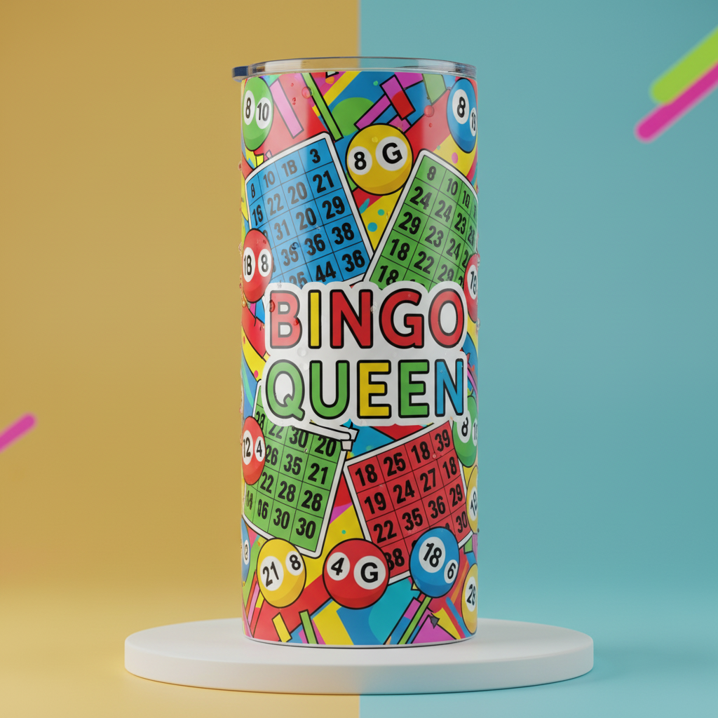 Custom bingo themed skinny tumbler with colorful bingo cards and balls