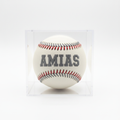 Custom Embroidered Baseball in Clear Square Case with gray stitching and AMIAS in gray block letters