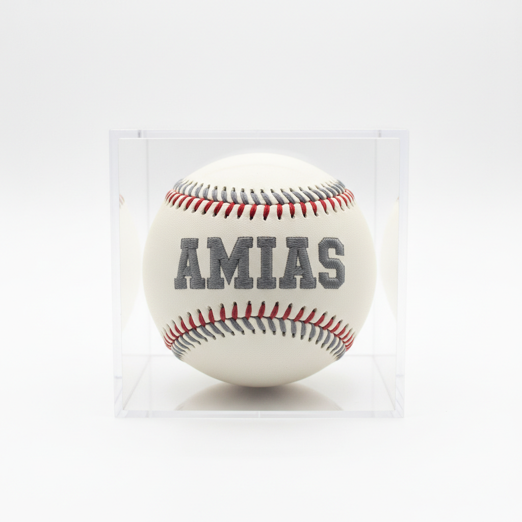 Custom Embroidered Baseball in Clear Square Case with gray stitching and AMIAS in gray block letters
